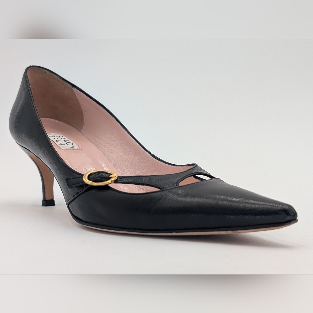 ISAACM MIZRAHI Size 7M Women Genuine Black Leather Heel Gold Buckle Pointed Toe - Picture 3 of 17